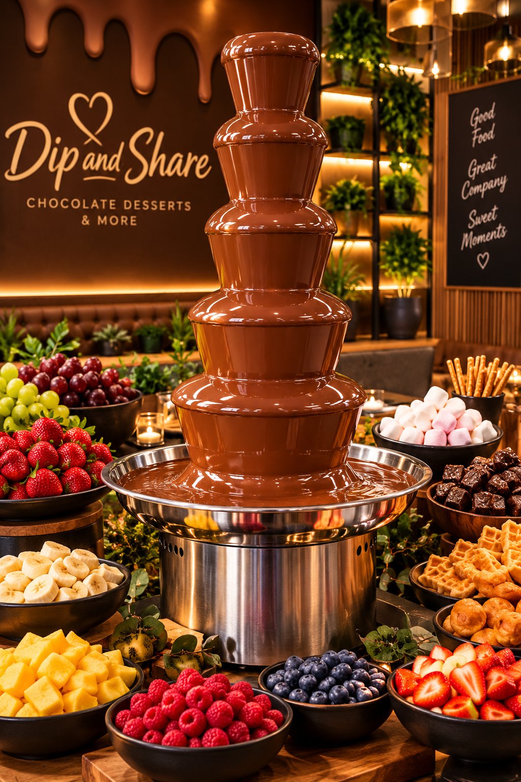 Dip and Share chocolate fountain surrounded by strawberries, grapes, marshmallows, brownies, waffles and fresh fruit